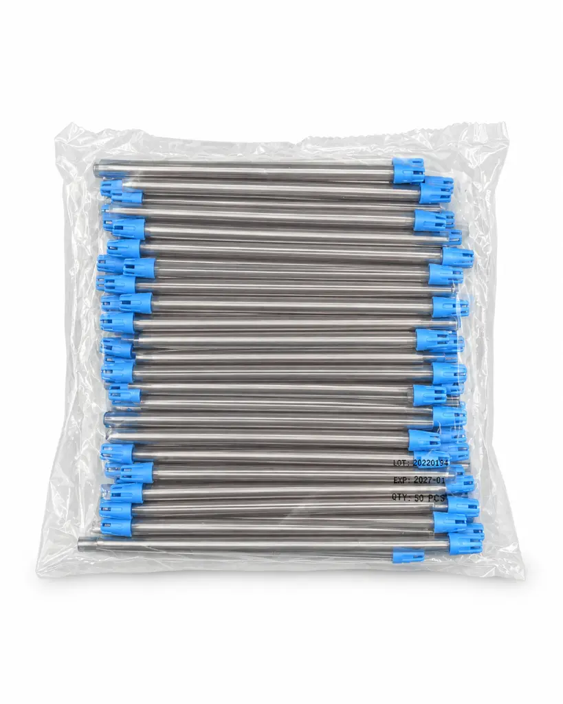 Paquete de varillas metálicas con puntas azules.webp