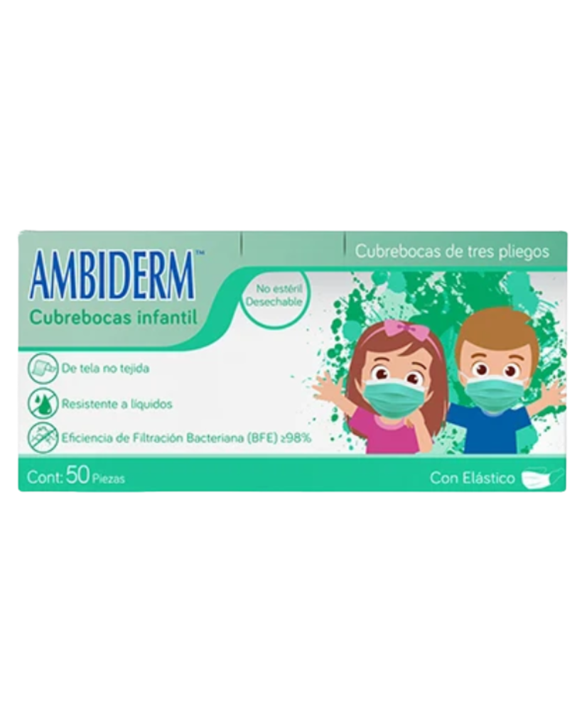 Cubrebocas infantil Ambiderm Verde 3 pliegos – Caja con 50