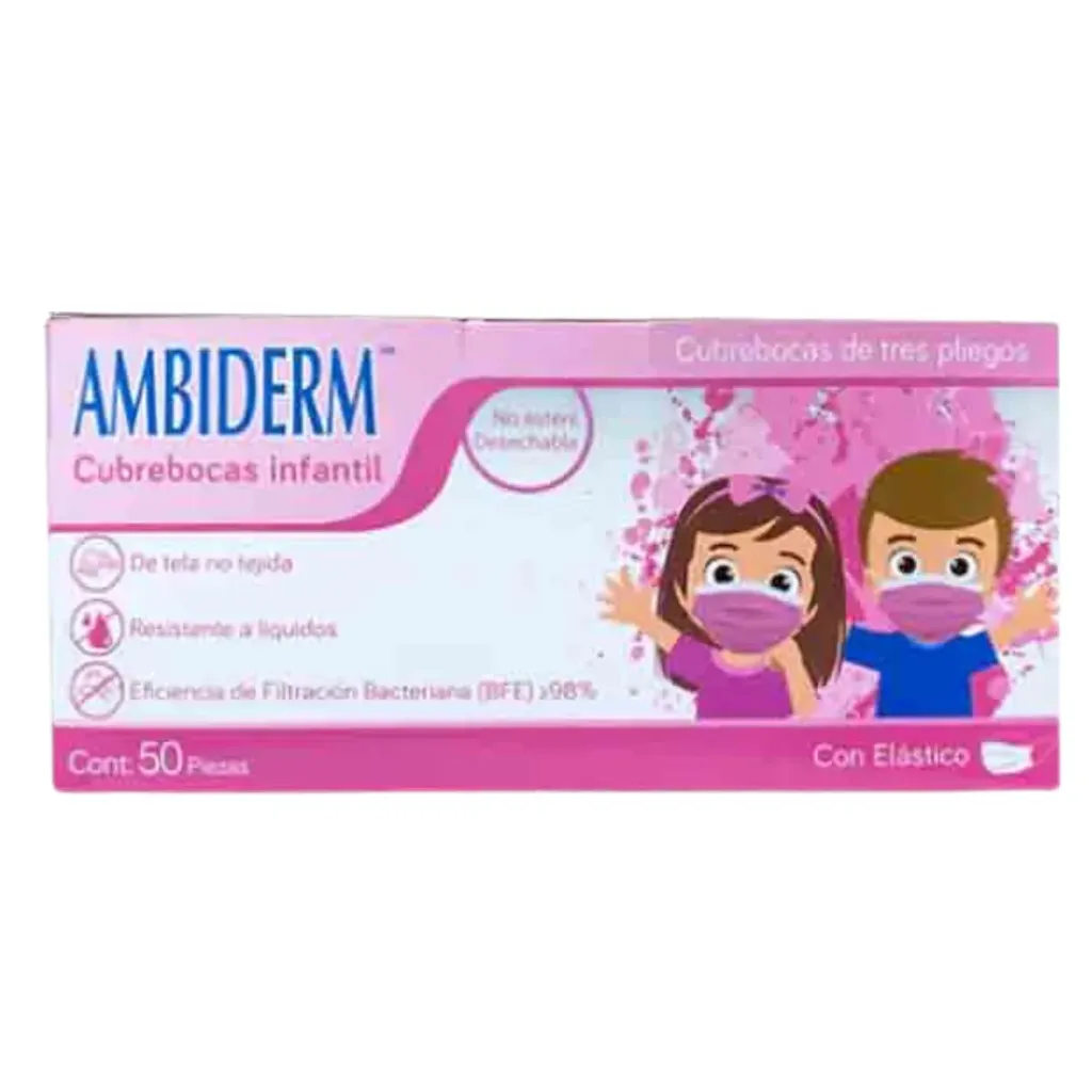 Cubrebocas infantil Ambiderm Rosa 3 pliegos – Caja con 50