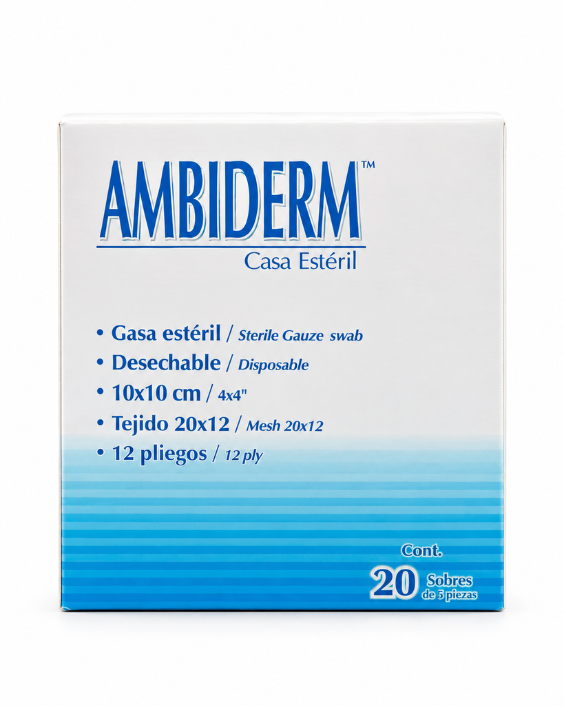 [AMB-108] Gasa Estéril Ambiderm 10 × 10 cm – Caja con 20 Sobres de 5 Piezas