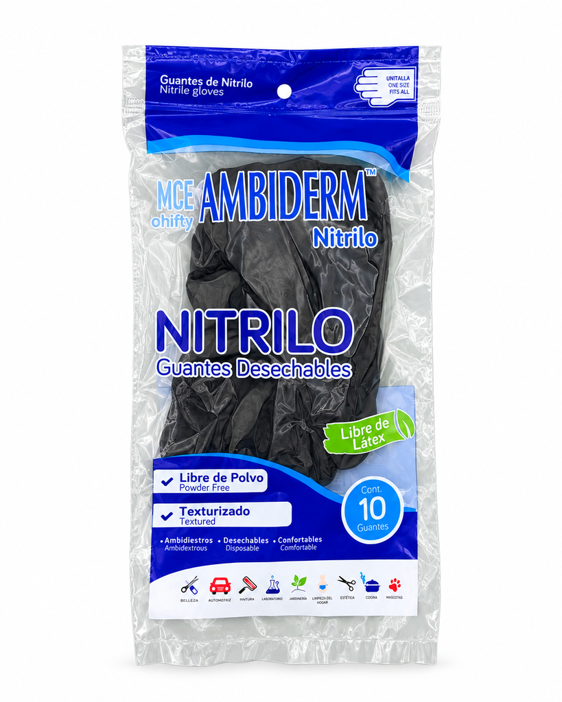 [AMB-111] Guante de nitrilo Ambiderm Negro unitalla – Bolsa con 10