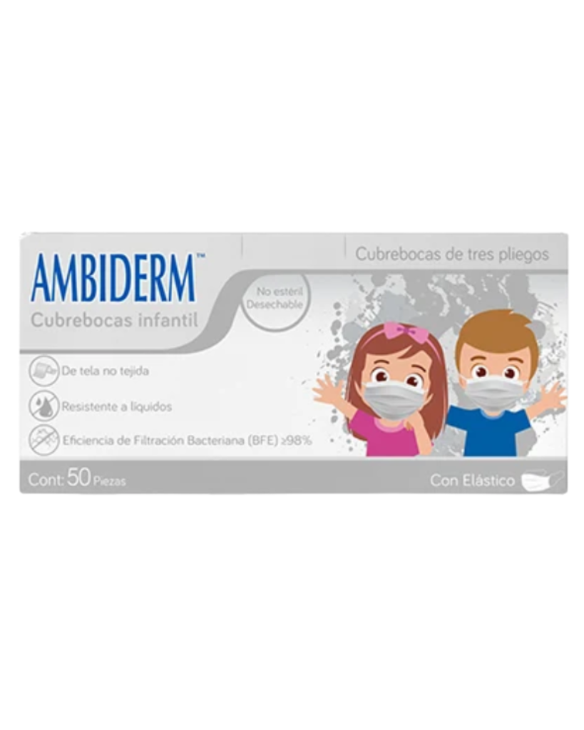 [AMB-123] Cubrebocas infantil Ambiderm Blanco 3 pliegos – Caja con 50