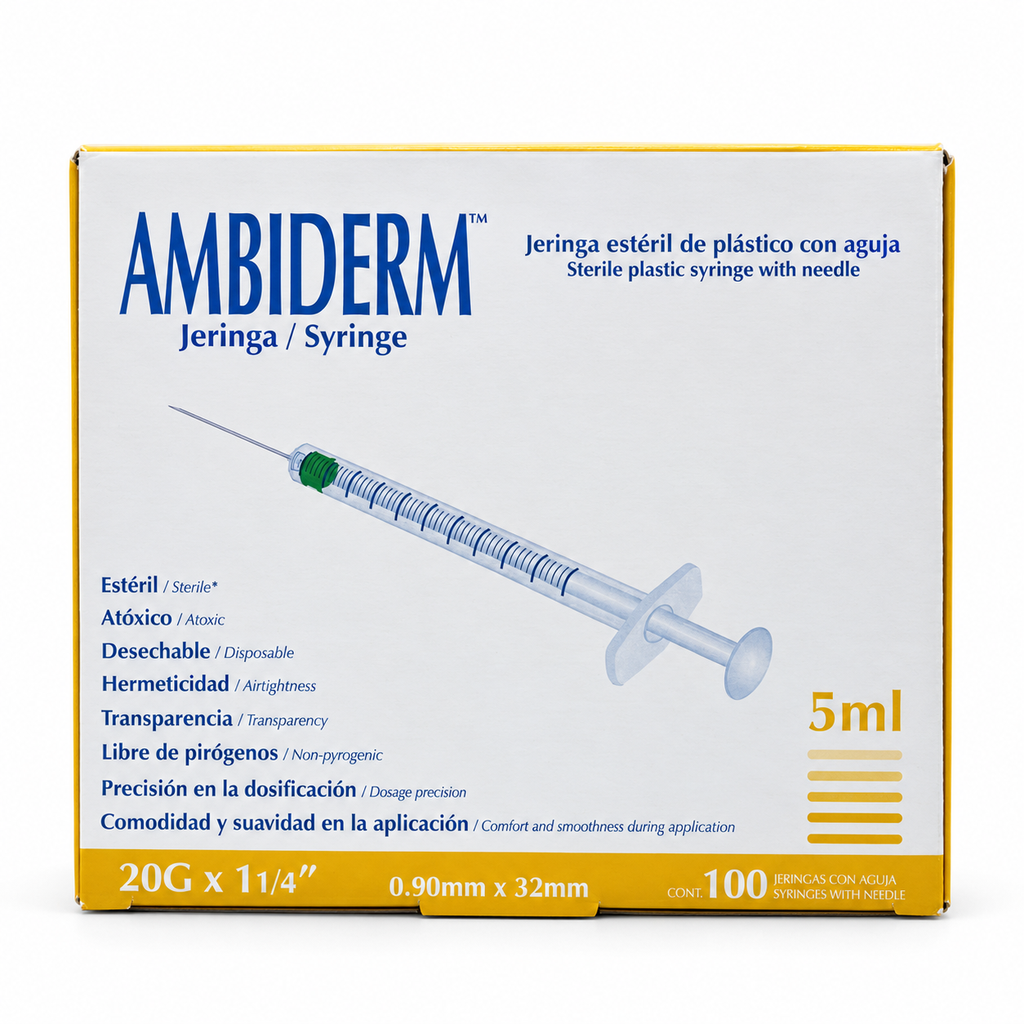 [AMB-137] Jeringa Ambiderm 5 ml con Aguja 20G × 32 mm Amarilla – Caja con 100