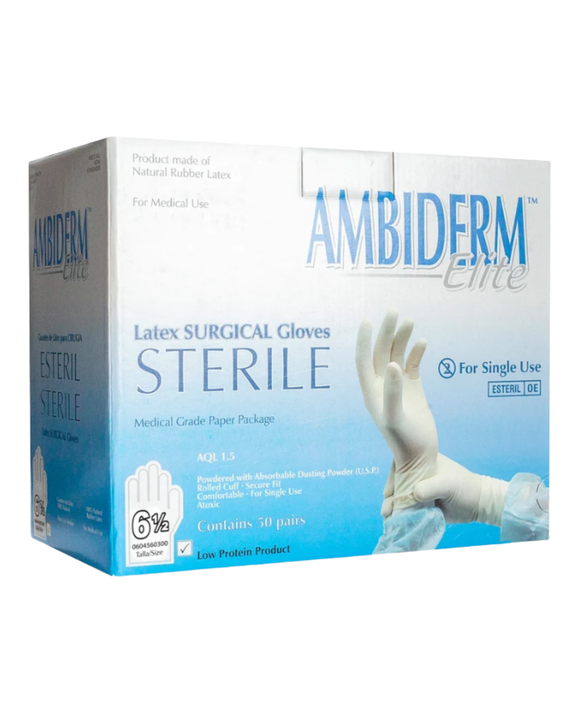 Guante quirúrgico de látex Ambiderm Elite Estéril Talla 6½ – Caja con 50 Pares