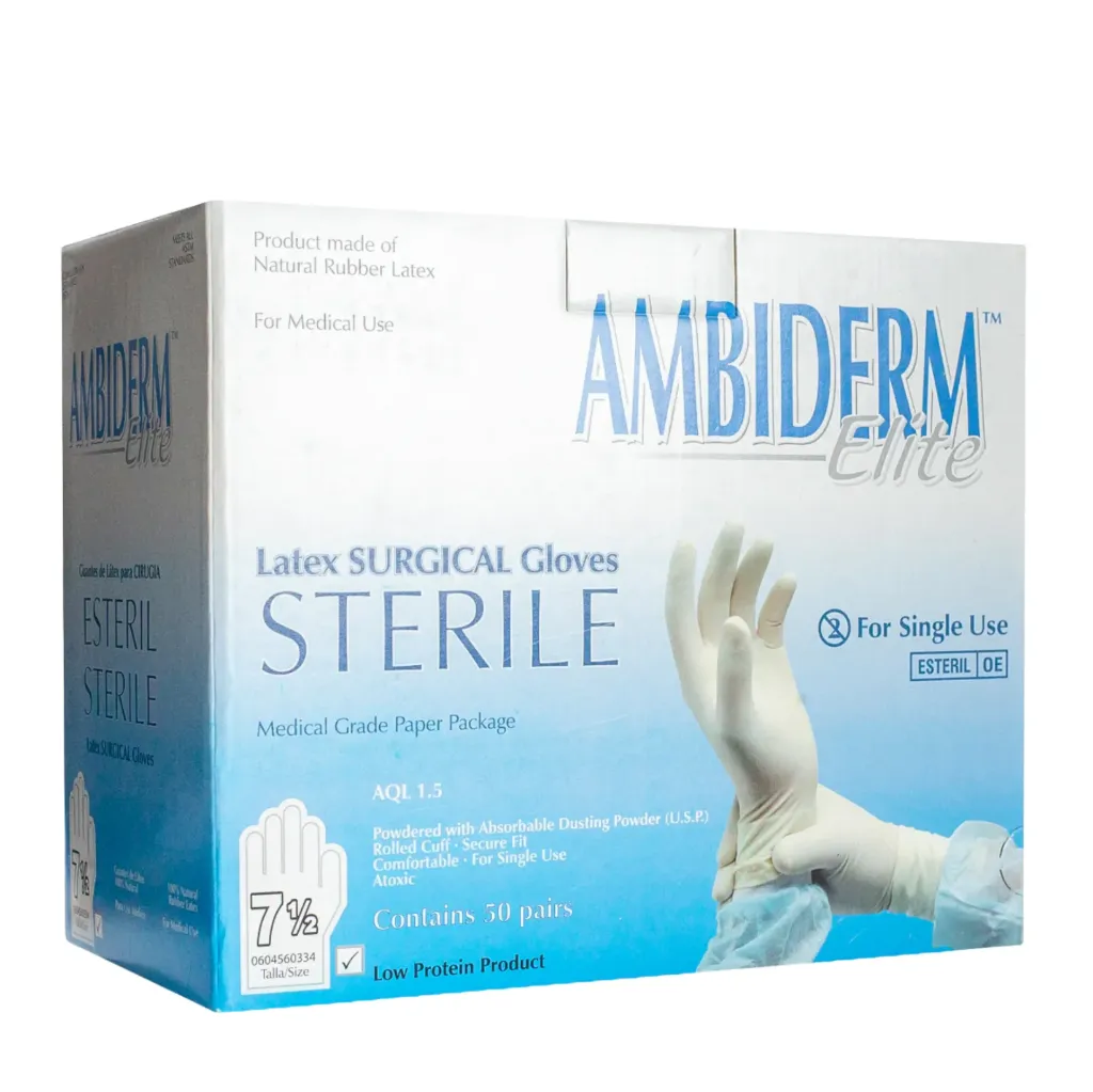 Guante quirúrgico de látex Ambiderm Elite Estéril Talla 7½ – Caja con 50 Pares