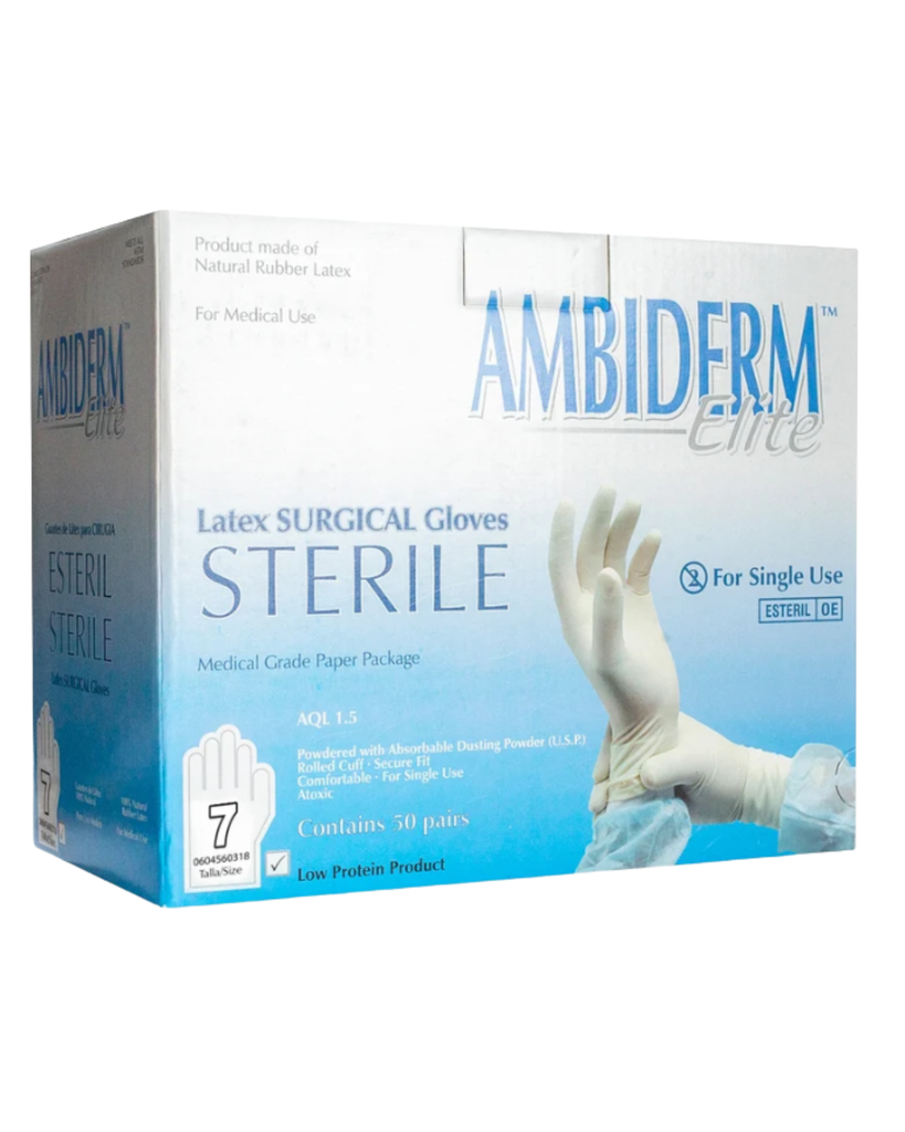 [AMB-141] Guante quirúrgico de látex Ambiderm Elite Estéril Talla 7 – Caja con 50 Pares