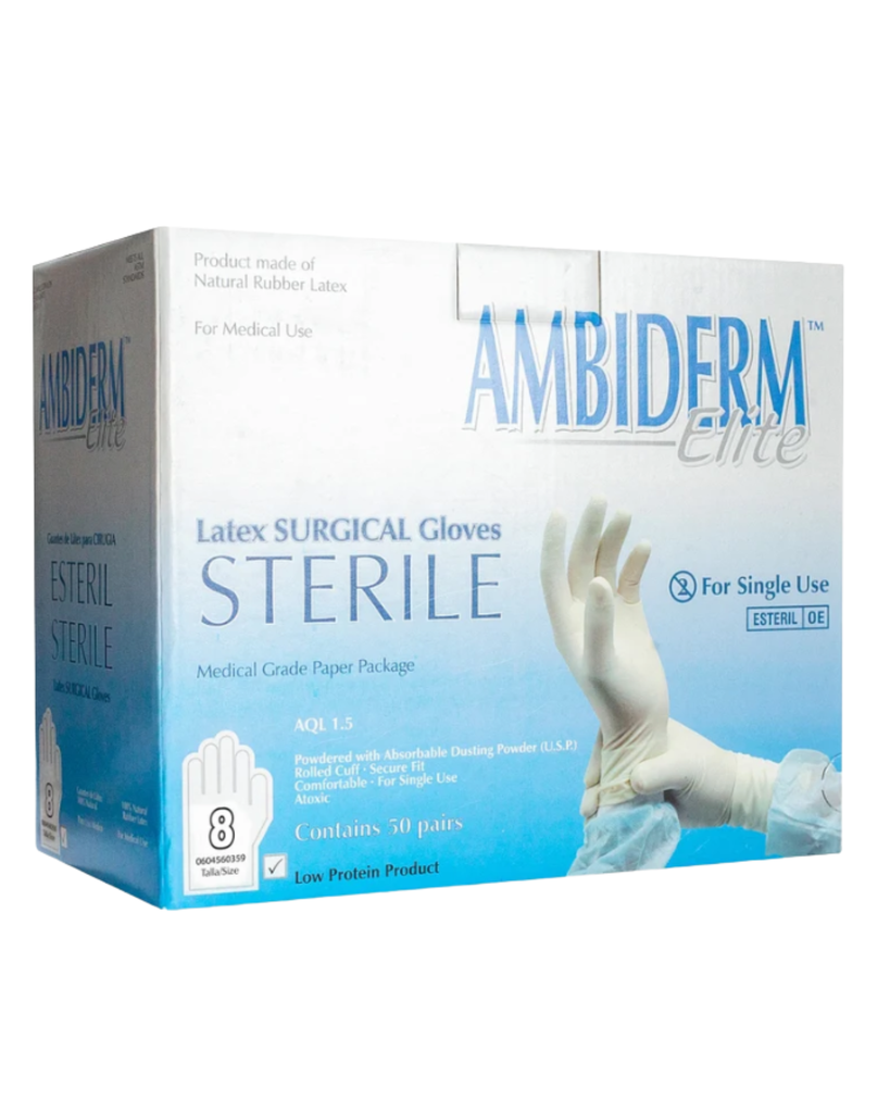 [AMB-142] Guante quirúrgico de látex Ambiderm Elite Estéril Talla 8 – Caja con 50 Pares