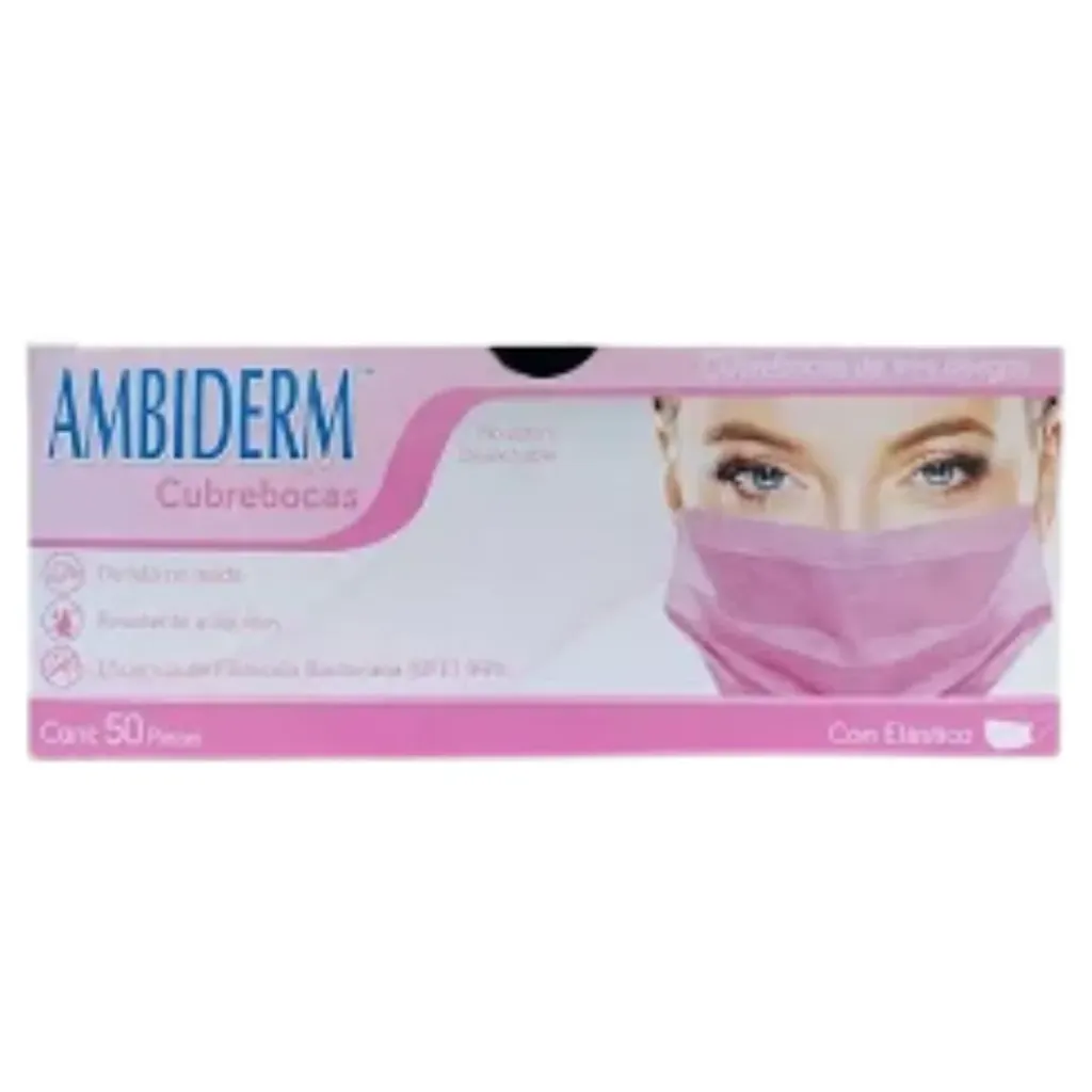 Cubrebocas Adulto Ambiderm Rosa 3 Pliegos – Caja con 50