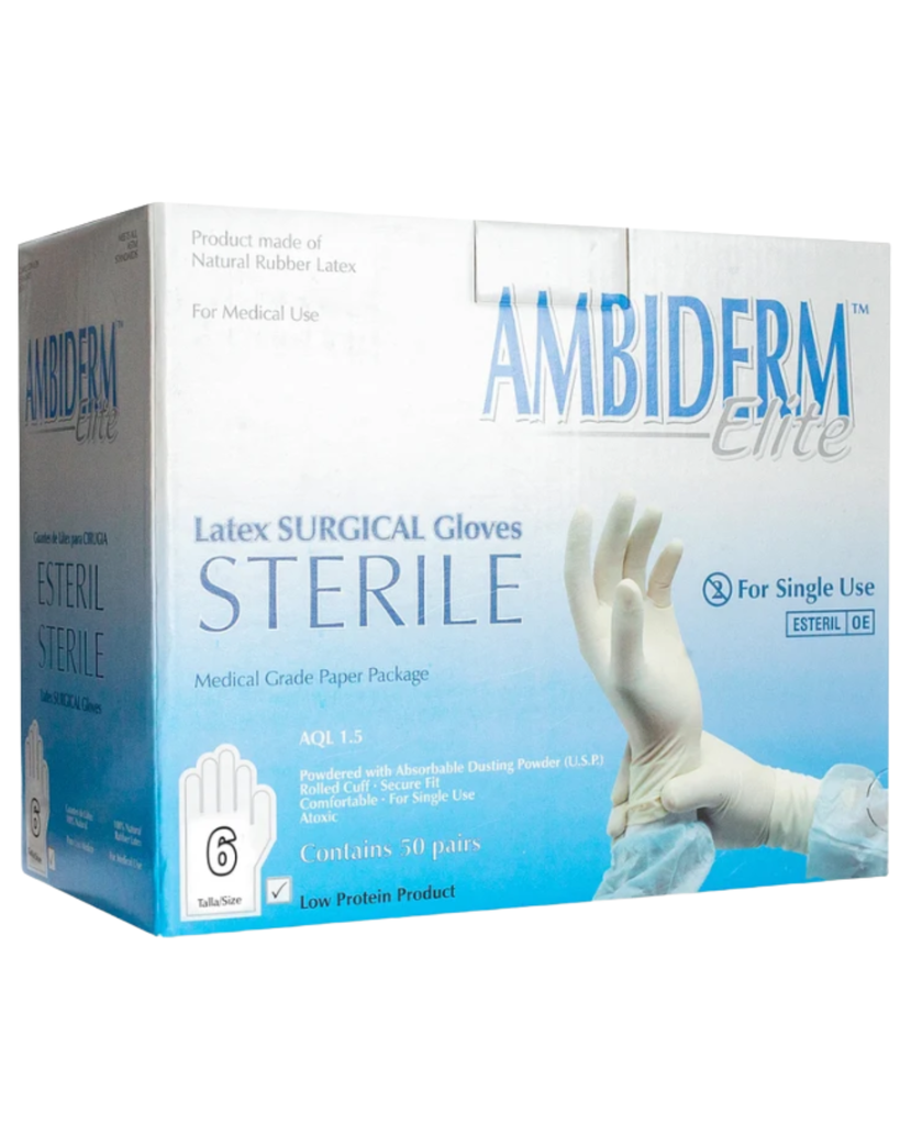[AMB-147] Guante quirúrgico de látex Ambiderm Elite Estéril Talla 6 – Caja con 50 Pares