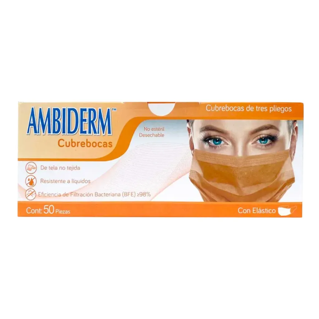 Cubrebocas Adulto Ambiderm Naranja 3 Pliegos – Caja con 50