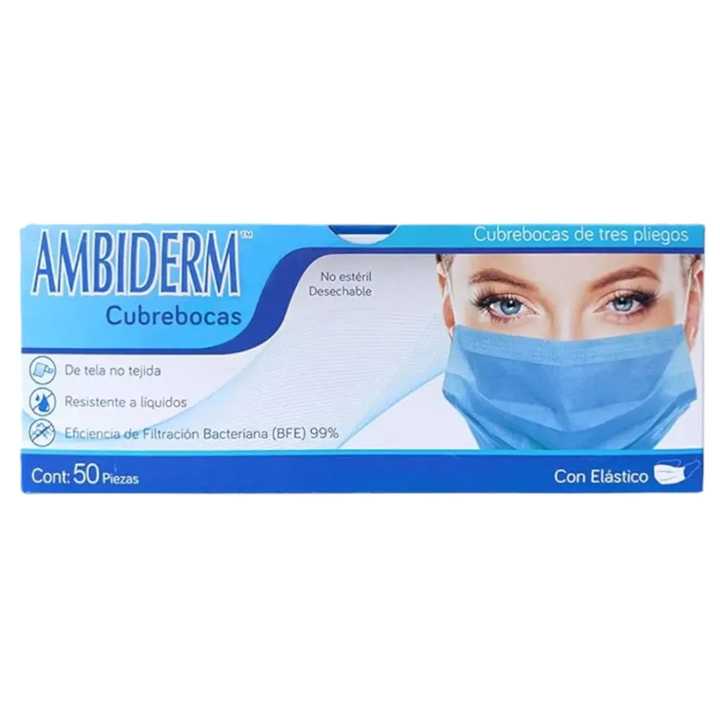 Cubrebocas adulto Ambiderm Azul 3 Pliegos – Caja con 50