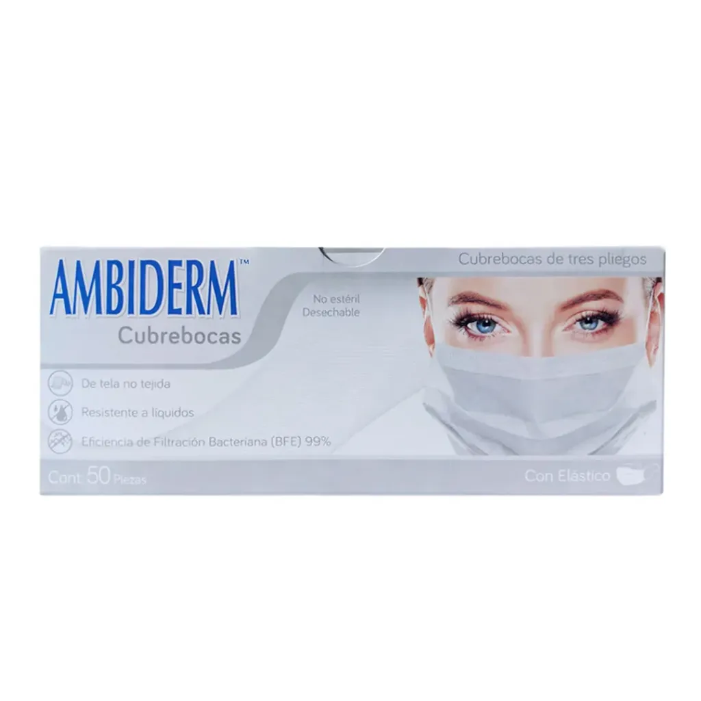 [AMB-19] Cubrebocas adulto Ambiderm Blanco 3 pliegos – Caja con 50