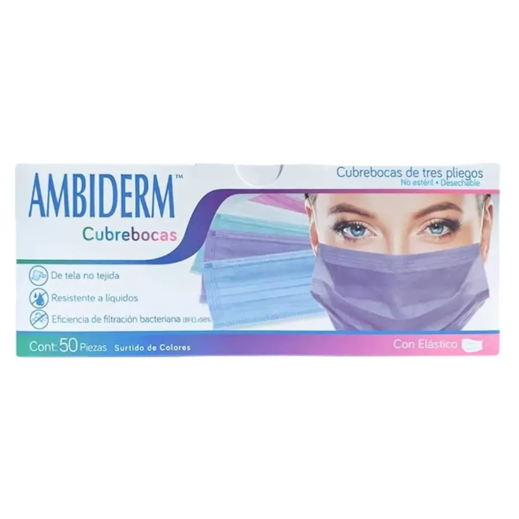 [AMB-20] Cubrebocas Adulto Ambiderm Surtido de Colores 3 Pliegos – Caja con 50