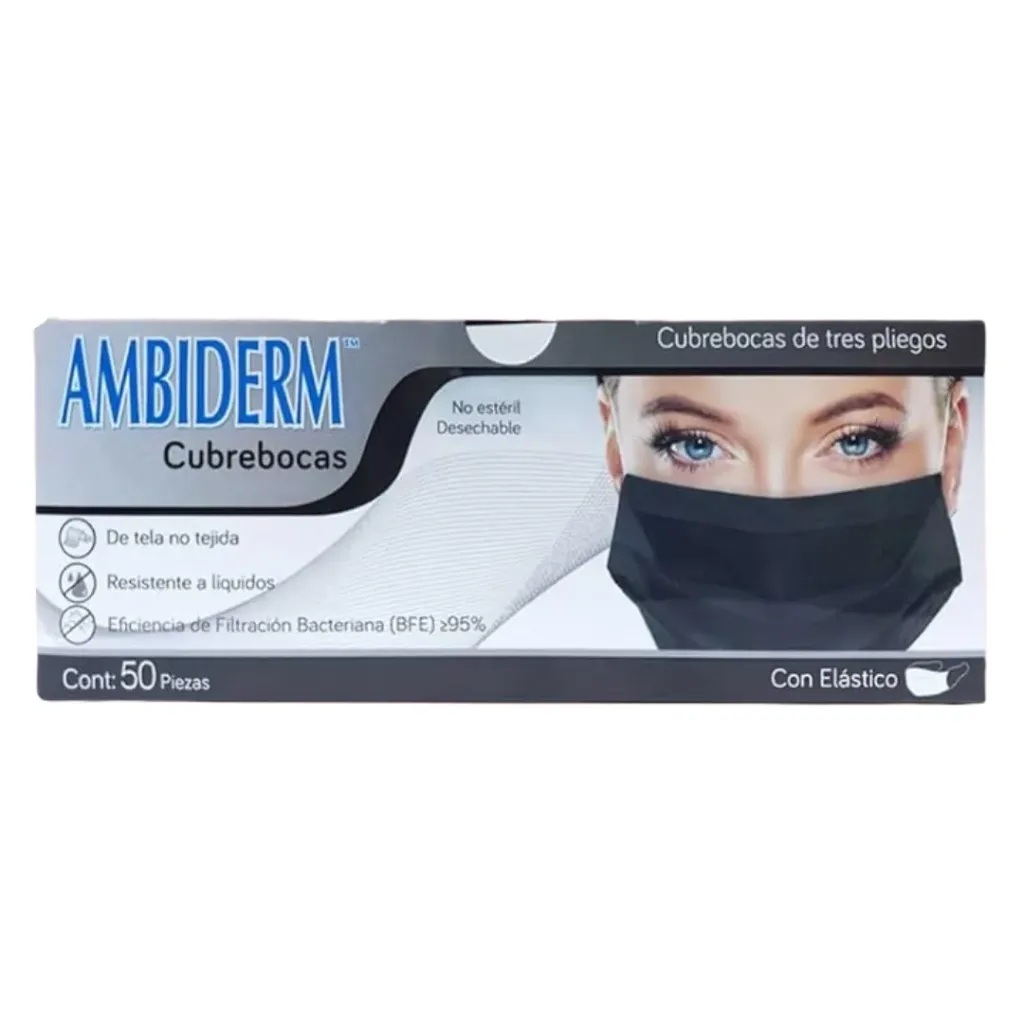 [AMB-21] Cubrebocas adulto Ambiderm Negro 3 pliegos – Caja con 50