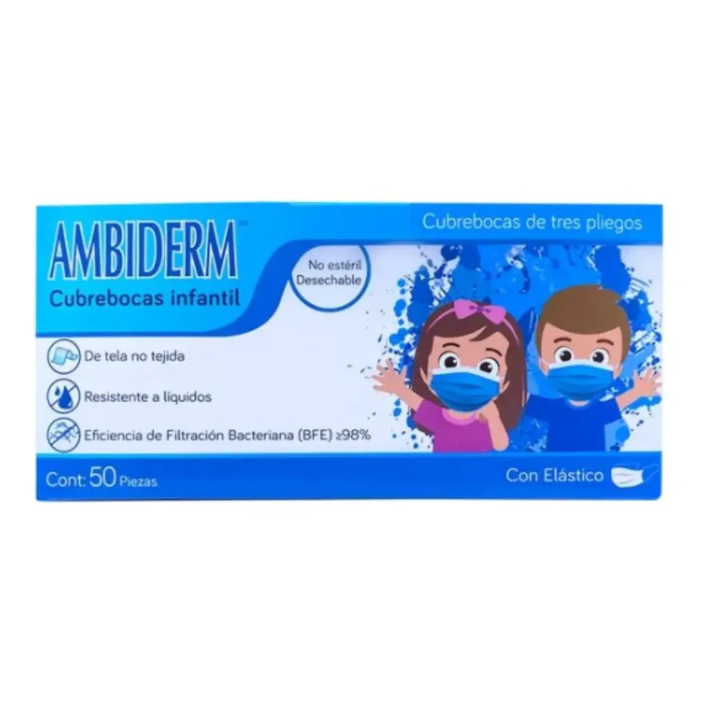 [AMB-22] Cubrebocas infantil Ambiderm Azul 3 pliegos – Caja con 50