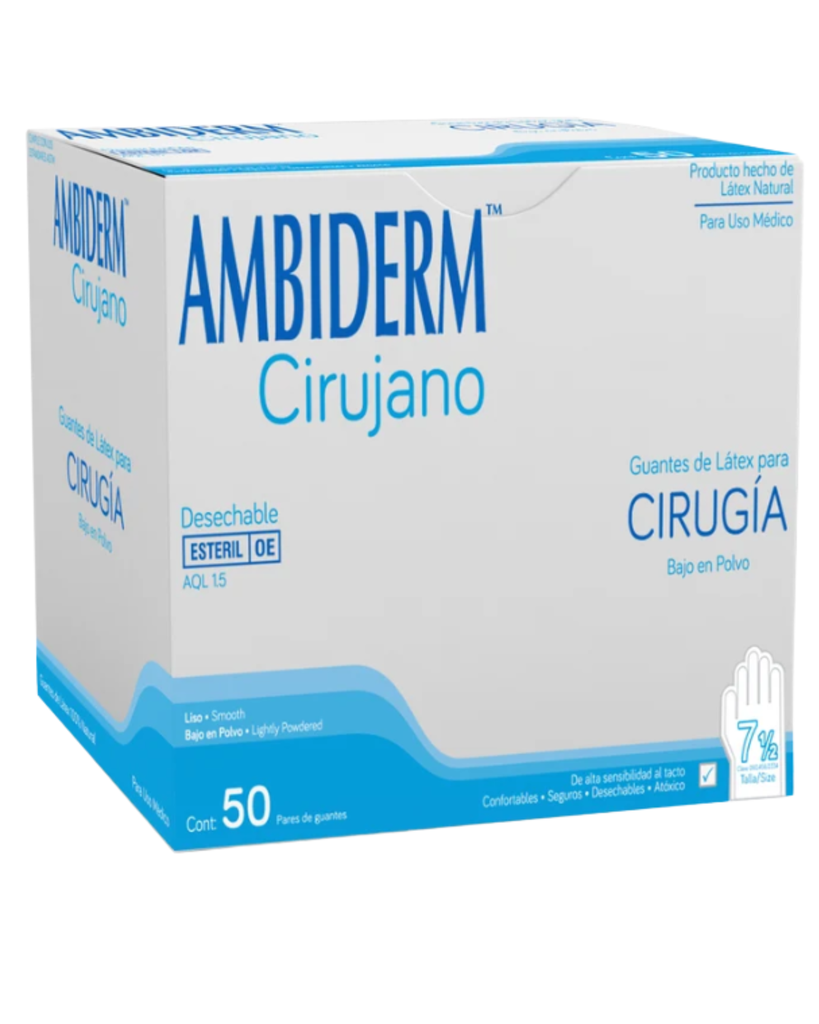 [AMB-37] Guante quirúrgico de látex Ambiderm cirugía Estéril Talla 7½ – Caja con 50 Pares