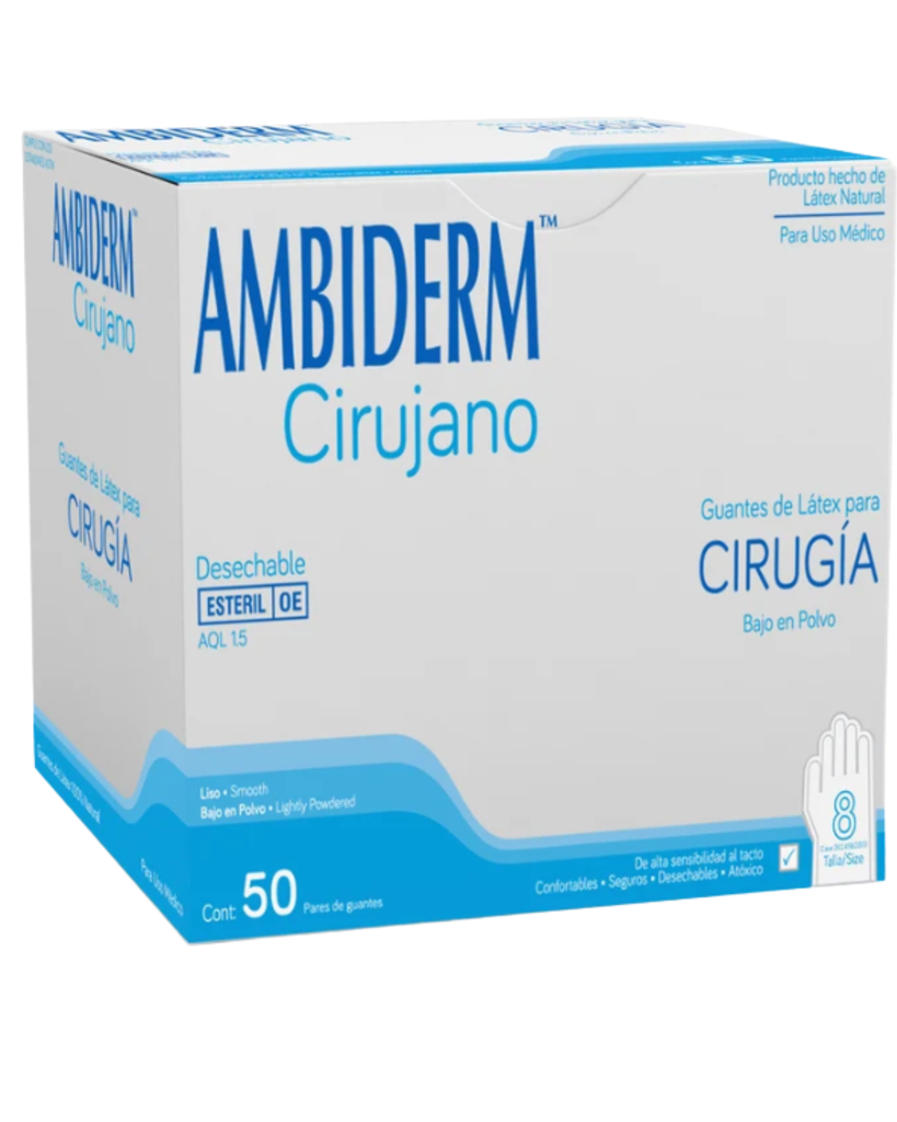 [AMB-38] Guante quirúrgico de látex Ambiderm cirugía Estéril Talla 8 – Caja con 50 Pares