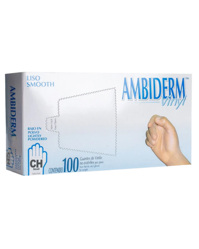 Guante de vinyl Ambiderm bajo en polvo transparente talla CH – Caja con 100