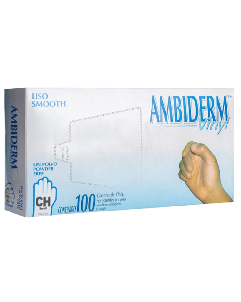 Guante de vinyl Ambiderm libre de polvo transparente talla CH – Caja con 100