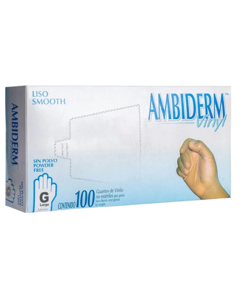 Guante de vinyl Ambiderm libre de polvo transparente talla G – Caja con 100