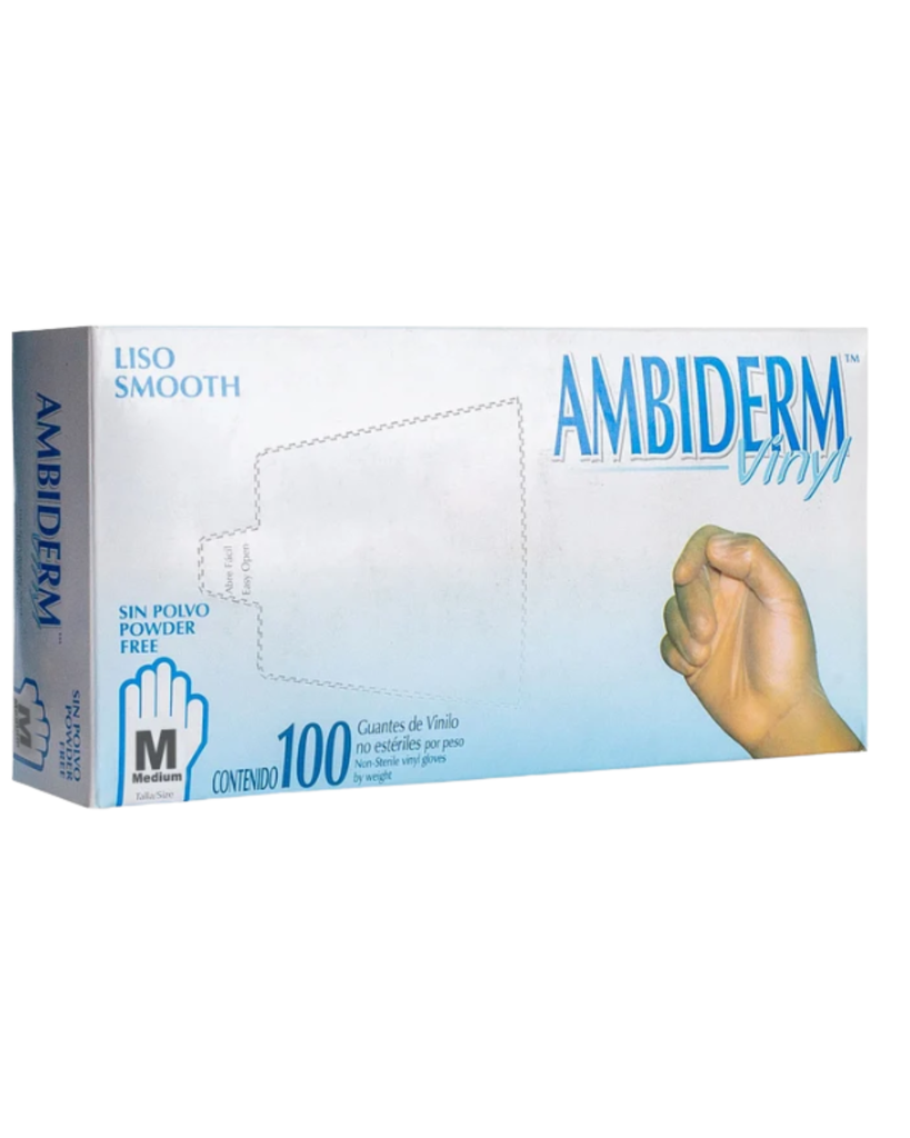 Guante de vinyl Ambiderm libre de polvo transparente talla M – Caja con 100