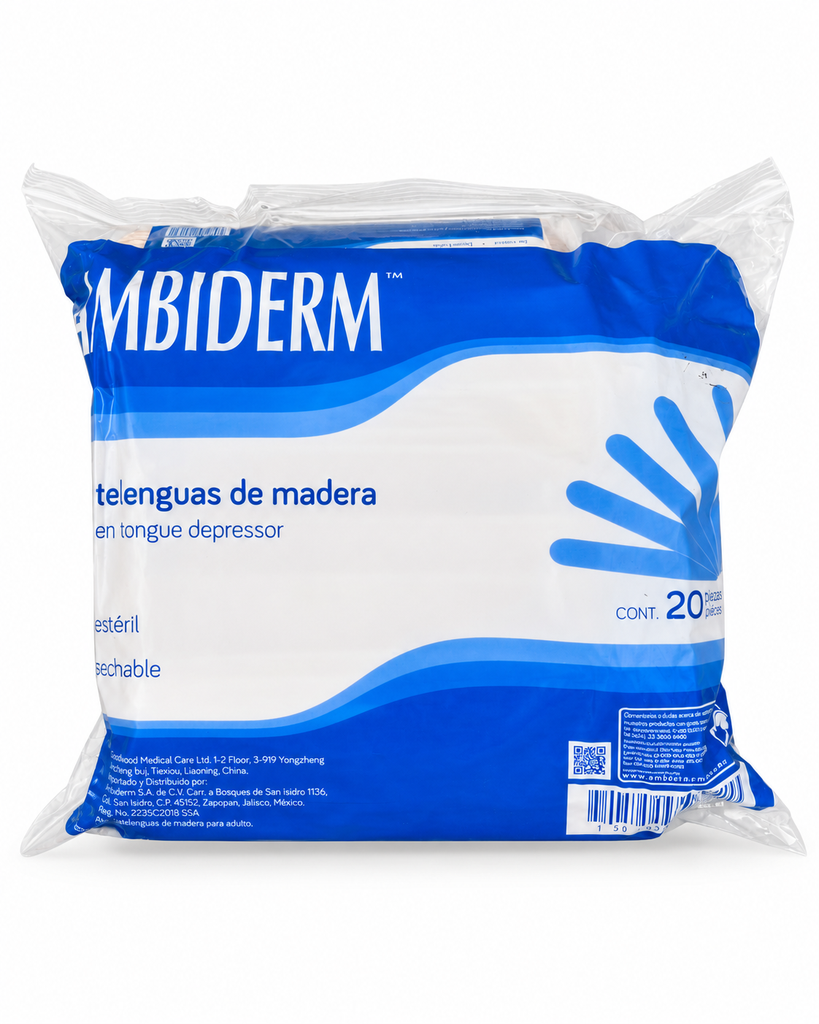 [AMB-7] Abatelenguas de madera Ambiderm 15 cm – 20 Bolsas con 25 / 500 Piezas