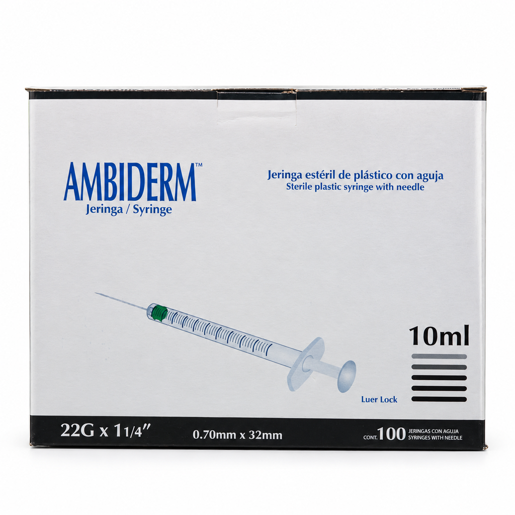 [AMB-75] Jeringa Ambiderm 10 ml con Aguja 22G × 32 mm Negra – Caja con 100