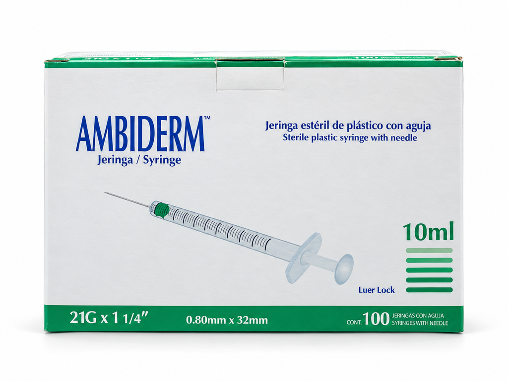 [AMB-76] Jeringa Ambiderm 10 ml con Aguja Desmontable 21G × 32 mm Verde – Caja con 100
