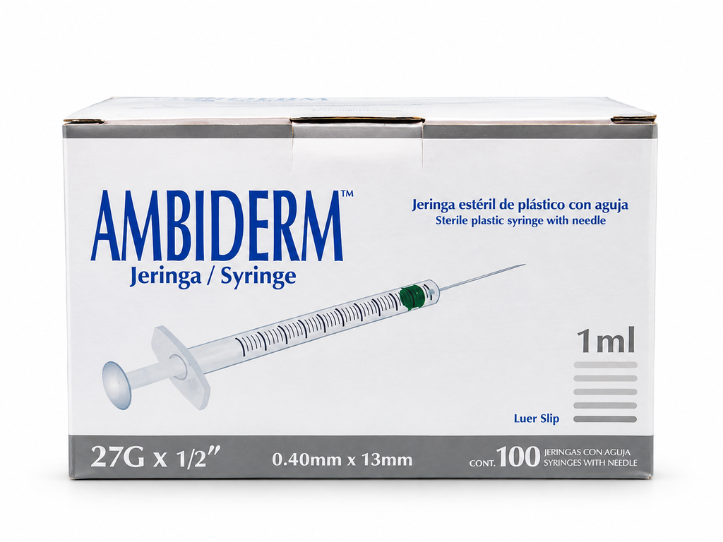 [AMB-77] Jeringa Ambiderm 1 ml con Aguja Desmontable 27G × 13 mm Gris – Caja con 100
