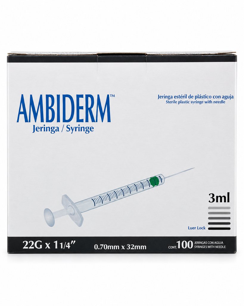 [AMB-79] Jeringa Ambiderm 3 ml con Aguja Desmontable 22G × 32 mm Negra – Caja con 100