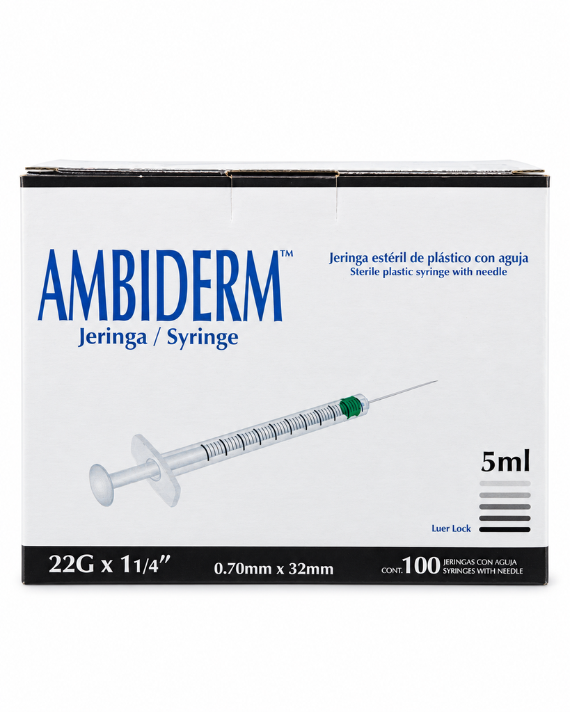 [AMB-81] Jeringa Ambiderm 5 ml con Aguja 22G × 32 mm Negra – Caja con 100