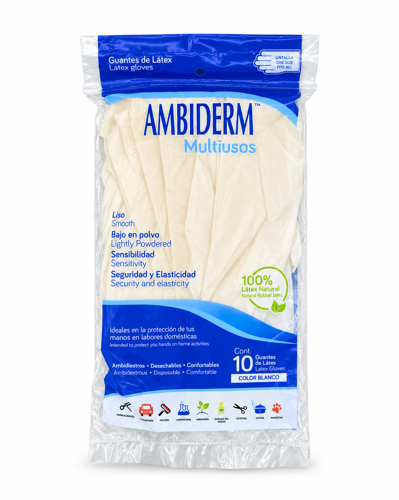 Guante multiusos de látex Ambiderm blanco unitalla – Bolsa con 10