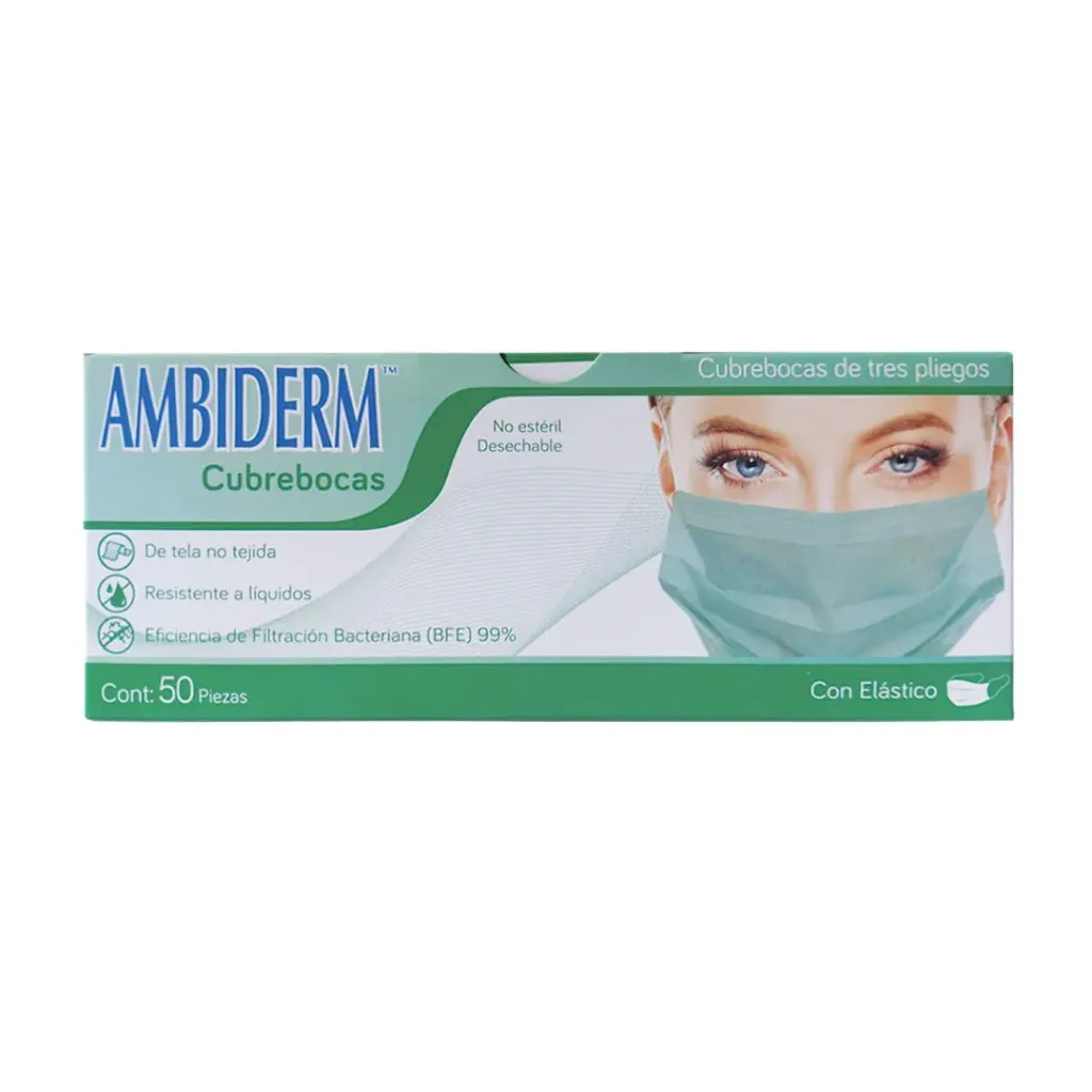 Cubrebocas adulto Ambiderm Verde 3 pliegos – Caja con 50