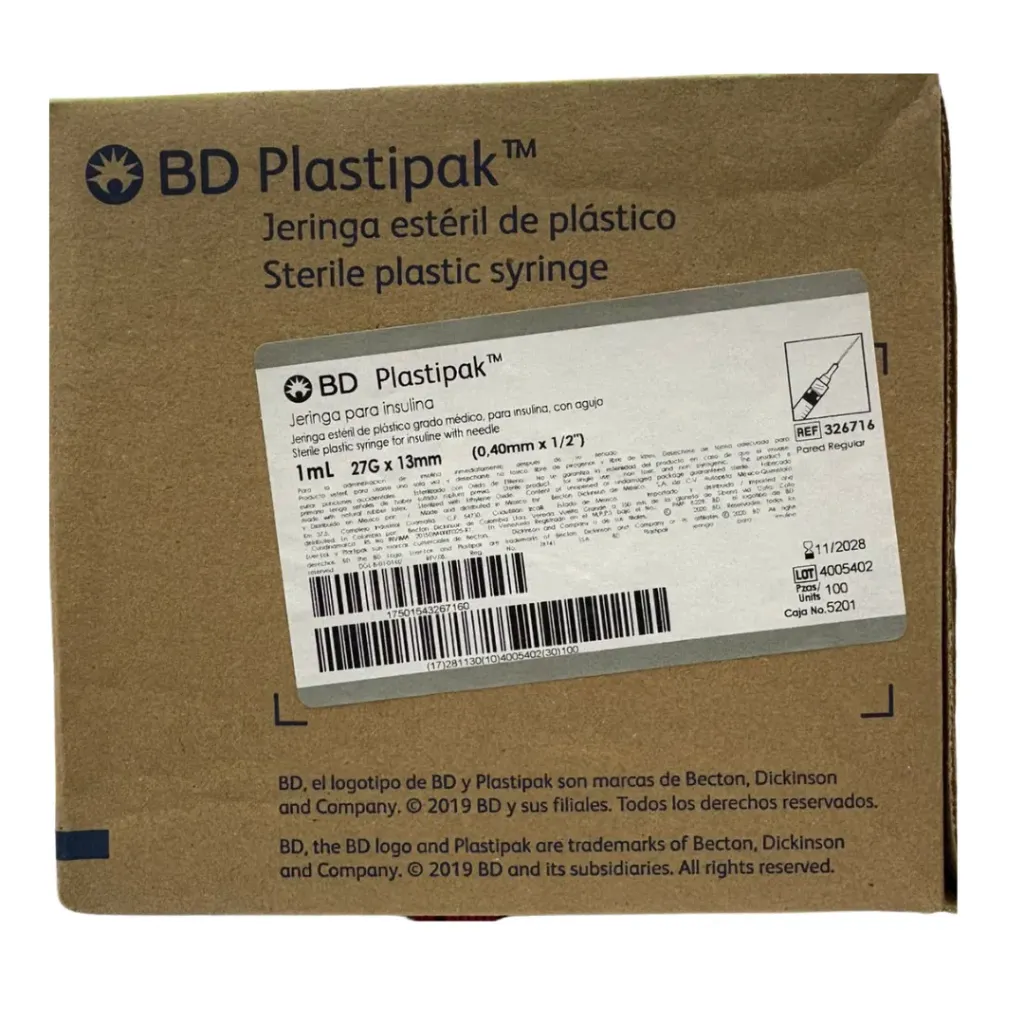 [BED-33] Jeringa BD Plastipak 1 ml Luer-Slip con aguja 27G x 13 mm – Caja con 100 Piezas