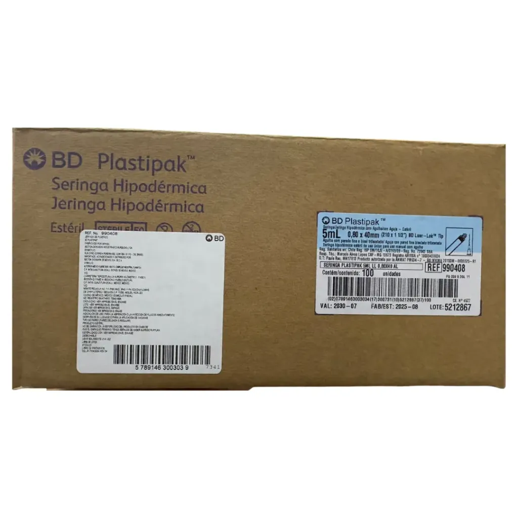 [BED-57] Jeringa BD Plastipak 5 ml Luer-Lok con aguja 21G x 40 mm – Caja con 100 Piezas
