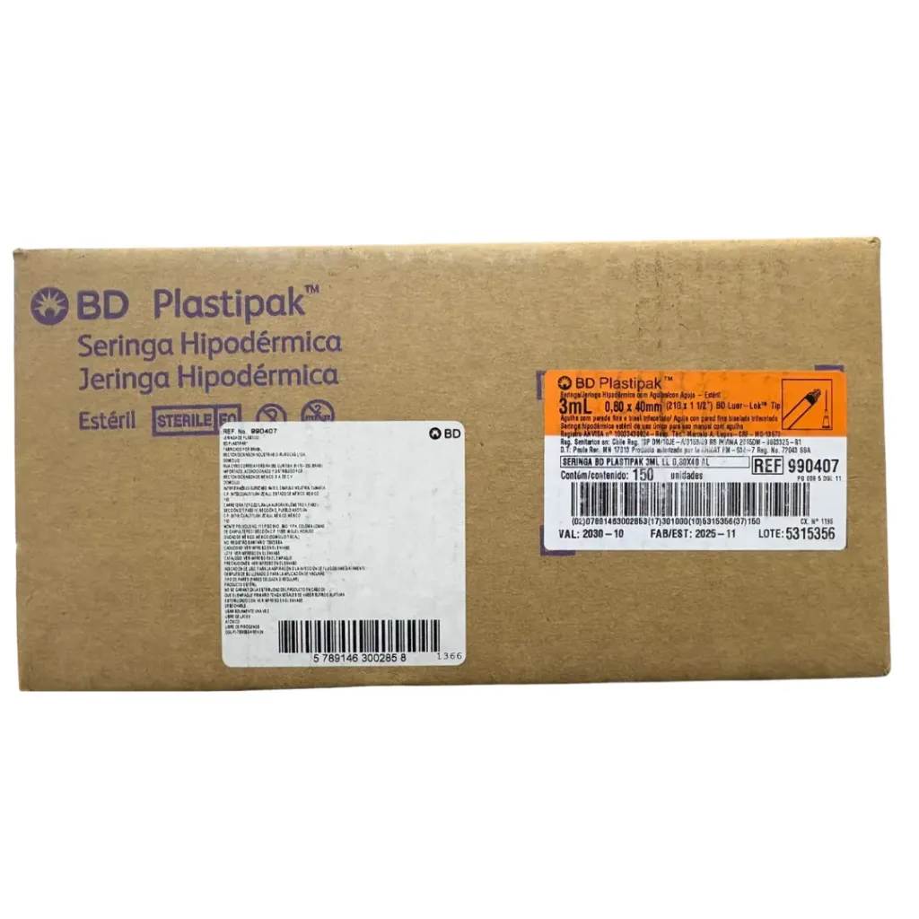[BED-60] Jeringa BD Plastipak 3 ml Luer-Lok con aguja 21G x 40 mm – Caja con 150 Piezas