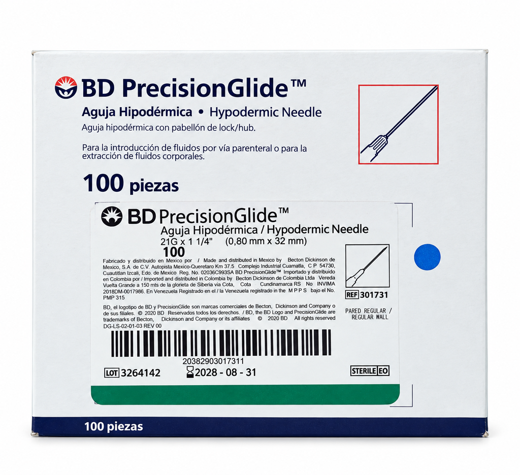 [BED-9] Aguja Hipodérmica BD PrecisionGlide 21G x 32 mm – Caja con 100 (Verde)