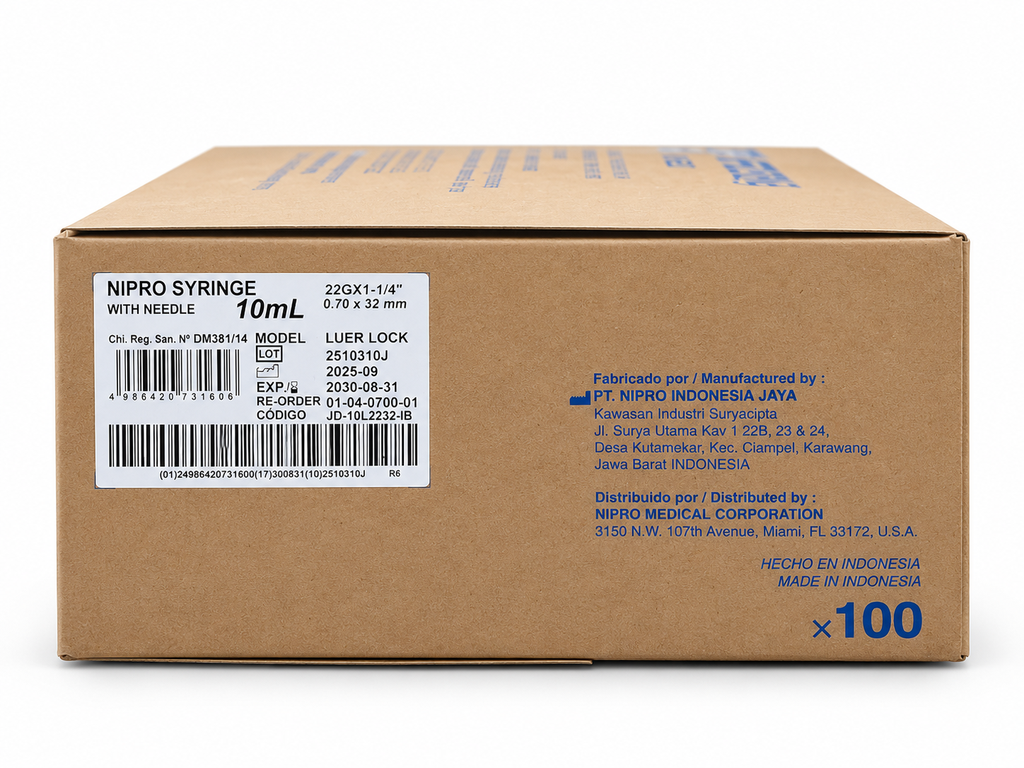 [NIP-15] Jeringa Nipro 10 ml con aguja 22G × 32 mm Negra – Caja con 100