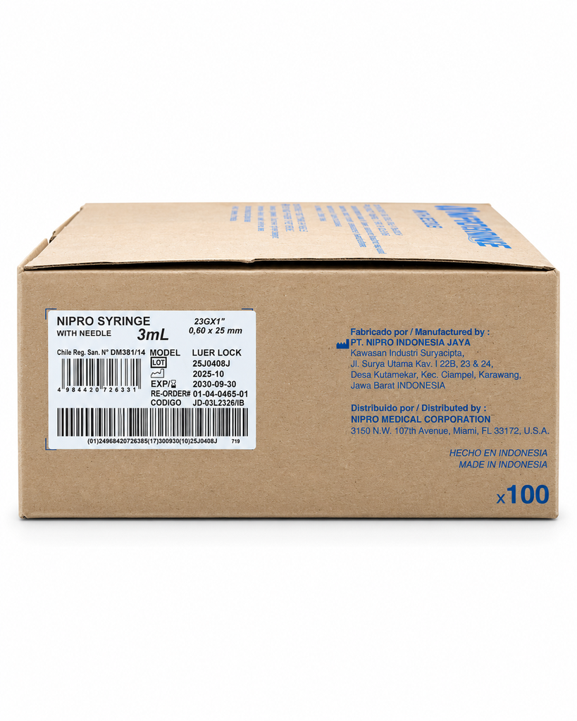 [NIP-16] Jeringa Nipro 3 ml con aguja 23G × 25 mm Azul – Caja con 100