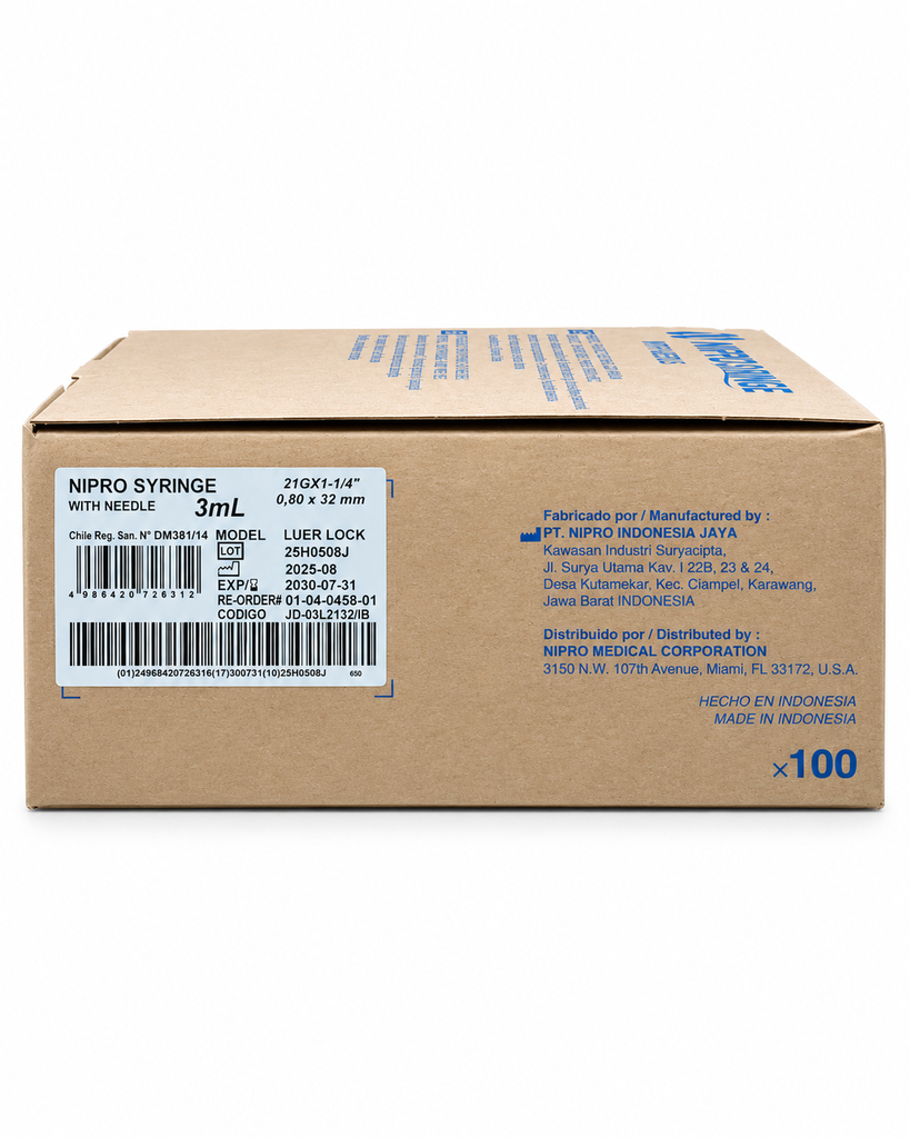 [NIP-17] Jeringa Nipro 3 ml con aguja 21G × 32 mm Verde – Caja con 100