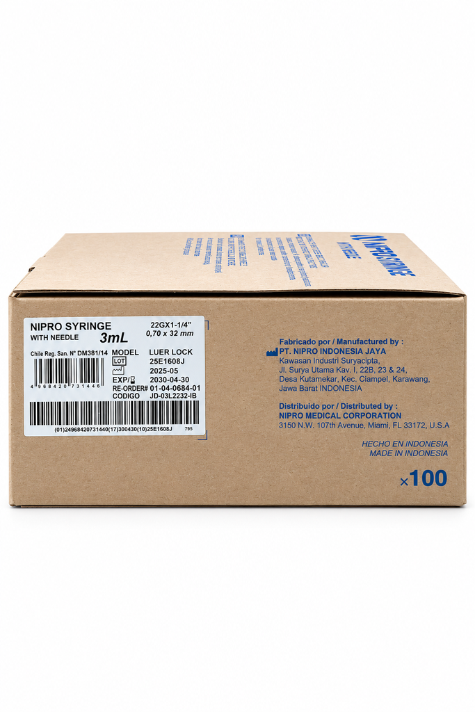 [NIP-18] Jeringa Nipro 3 ml con aguja 22G × 32 mm Negra – Caja con 100