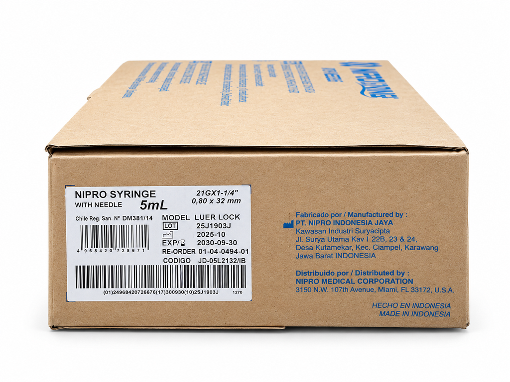 [NIP-19] Jeringa Nipro 5 ml con aguja 21G × 32 mm Verde – Caja con 100