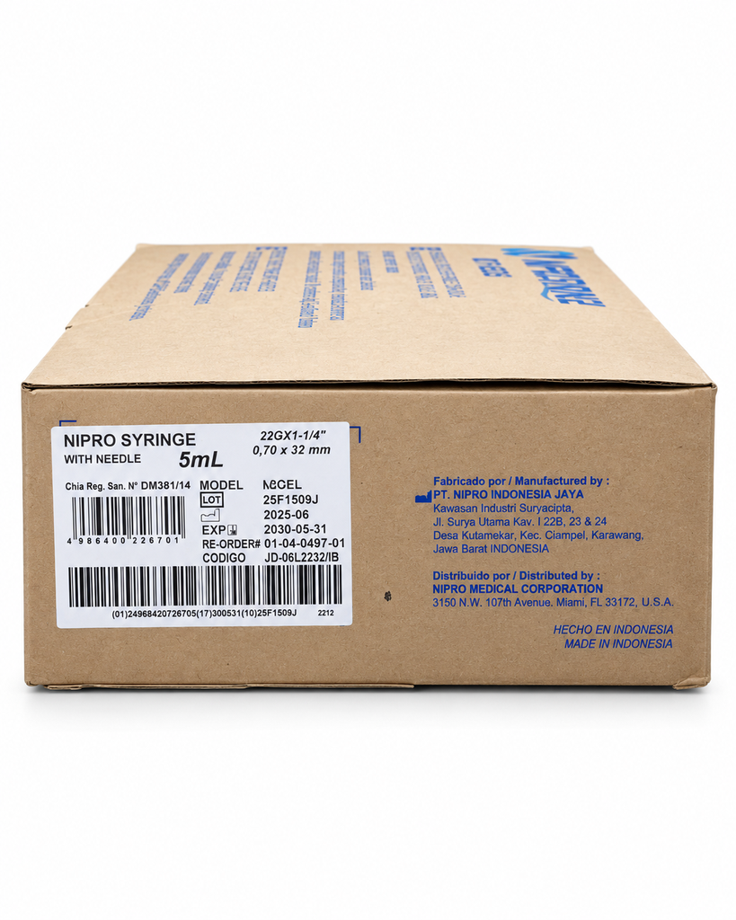 [NIP-20] Jeringa Nipro 5 ml con aguja 22G × 32 mm Negra – Caja con 100