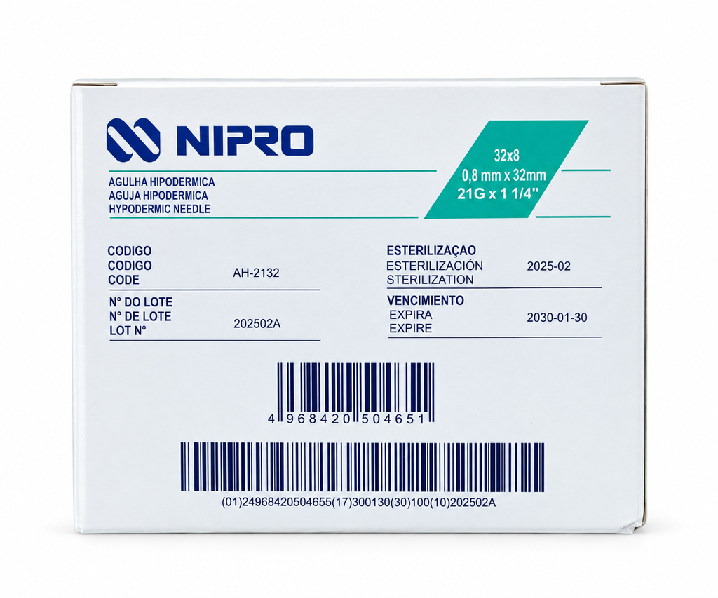 [NIP-4] Aguja Hipodérmica Nipro 21G x 32 mm – Caja con 100 (VERDE)