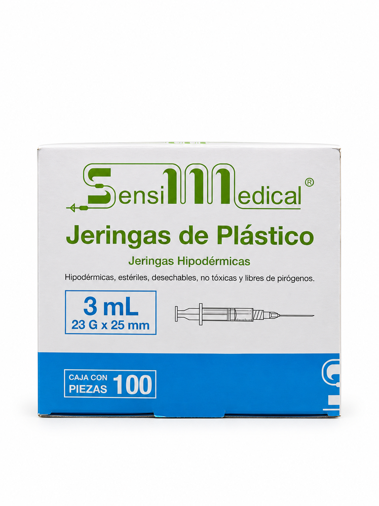 [SEN-10] Jeringa Sensimedical 3 ml con aguja 23G x 25 mm – Caja con 100 Piezas