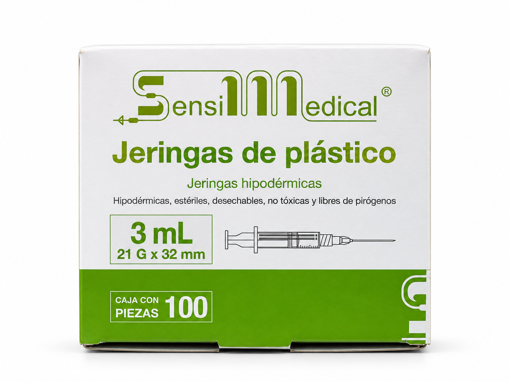 Jeringa Sensimedical 3 ml con aguja 21G x 32 mm Verde – Caja con 100 Piezas