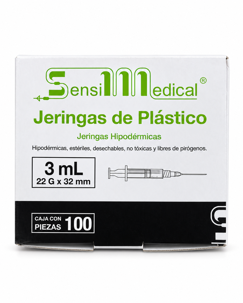 [SEN-12] Jeringa Sensimedical 3 ml con aguja 22G x 32 mm – Caja con 100 Piezas