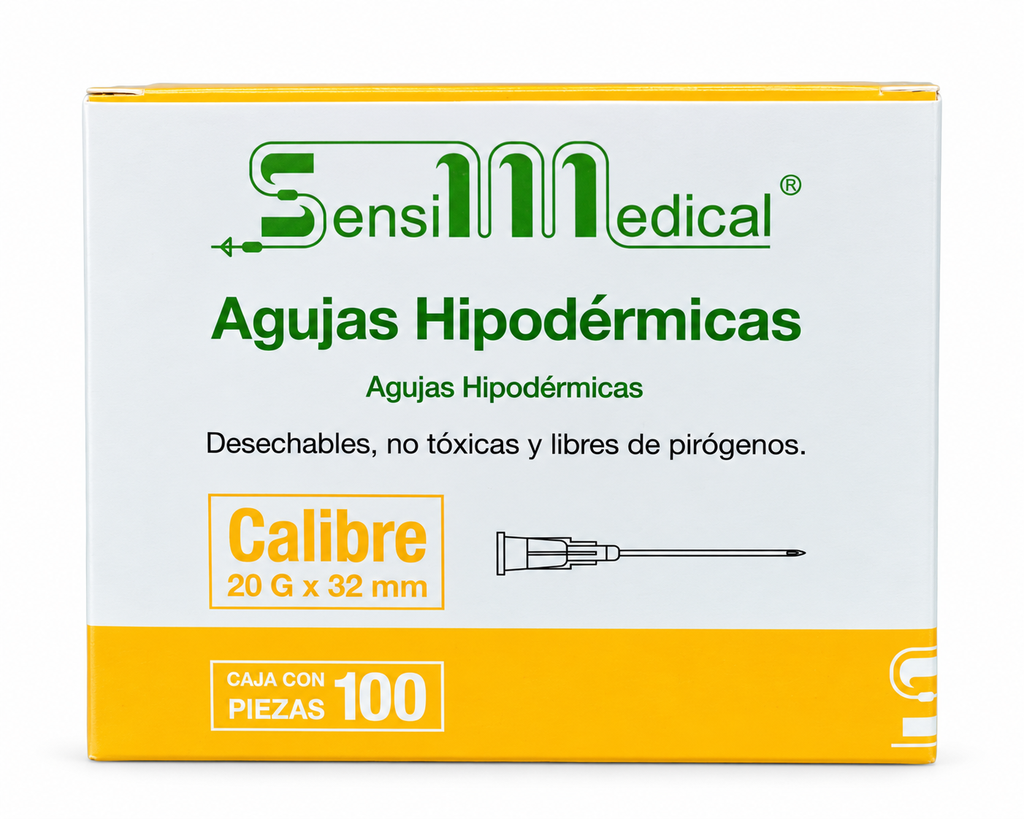 [SEN-22] Aguja Hipodérmica Sensimedical 20G x 32 mm – Caja con 100 (AMARILLA)