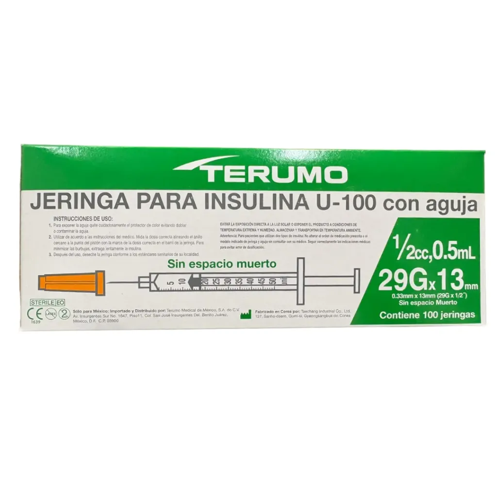 [TER-02] Jeringa Terumo para insulina 0.5 ml con aguja integrada 29G x 13 mm – Caja con 100 Piezas