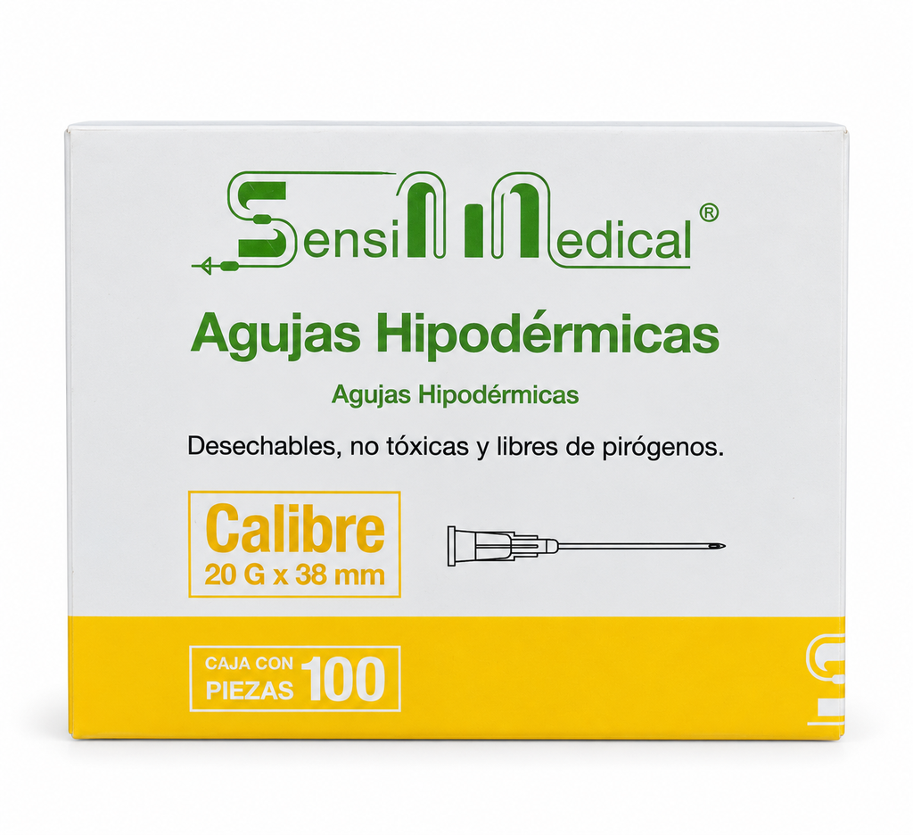 [SEN-37] Aguja Hipodérmica Sensimedical 20G x 38 mm – Caja con 100 (Amarilla)